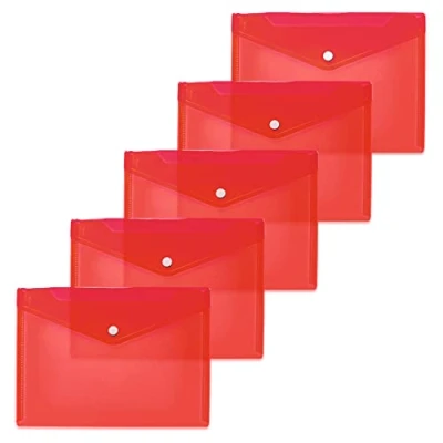 Immagine di HERMA 20054 Cartellina portadocumenti, formato DIN A5 (25 x 18 cm, in polipropilene, 5 pezzi) trasparenti, con bottone automatico, per scuola, università, ufficio, buste PP, colore rosso
