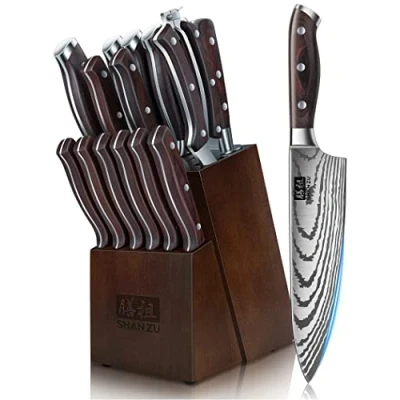 Immagine di SHAN ZU Ceppo Coltelli da Cucina 16 Pezzi Giapponesi Set di Coltello Acciaio ad Alto Tenore Carbonio con Affilacoltelli, Super Affilato Professionali Manico in Pakkawood