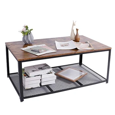 Immagine di BAKAJI Tavolino Divano Tavolo Caffè da Salotto Rettangolare Design Moderno Industriale Struttura in Metallo con Ripiano Inferiore Piao d&#039;appoggio Legno MDF Scuro Dimensione 106 x 60 45 cm