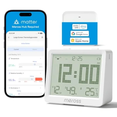 Immagine di Meross Igrometro Termometro WiFi, Ambiente Interno WiFi con Ampio Display, Notifica Remota, Compatibile Matter, Apple HomeKit, Alexa e Google Home (Con Hub)