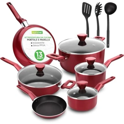Immagine di NutriChef Set di Pentole e Padelle Antiaderenti da 13 Pezzi, Resistenti al Calore, con Pentolino, Padelle, Pentole, Casseruola, Coperchi Utensili, Rosso