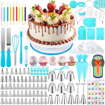 Immagine di ROELLY Kit Pasticceria Professionale da 322 Pezzi, Utensili Forno Piatto Girevole per Torte, Set Pasticceria, con Vari Stili di Beccucci sac a Poche, Impara Cuocere e Preparare Torte