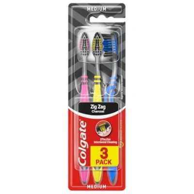 Immagine di Colgate Spazzolino manuale a zigzag nero, medio, confezione da 3 (colori assortiti)