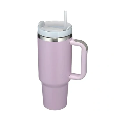 Immagine di Tazza termica a doppia parete, in acciaio inox, da 1200 ml, con manico, cannuccia, isolata, viaggio, per bevande calde fredde (viola)