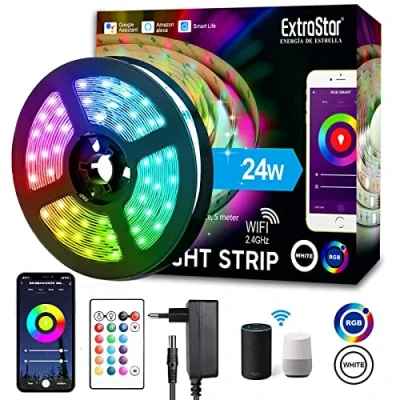 Immagine di Striscia LED IP65, da esterno interno, Smart 5m WiFi RGB Impermeabile SMD, Compatibile con Alexa e Google Assistant, App Controllato Musica, Multicolore per casa, Bar, Festa,12V 1.6A, Strisce