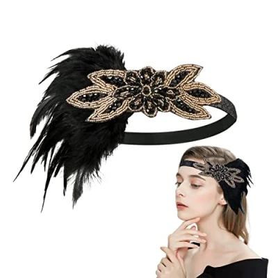 Immagine di MIVAIUN 1920s fascia Per capelli,Fascia capelli con piume nere Anni 20 Gatsby,stile vintage Fascia,Accessori da sposa cocktail e feste in retrò(1 pezzi)