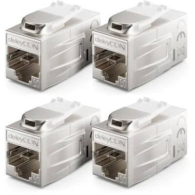 Immagine di deleyCON 4 Pezzi CAT 7 Accoppiamento Keystone Metallo 2x RJ45 Jack Connettore per Patch Cable 600 MHz 10 Gbps LAN DSL Ethernet e Utilizzabile Come Argento
