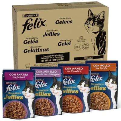 Immagine di Purina Felix Sensations Cibo Umido per Gatti con Manzo, Pollo, Anatra, Agnello, 80 buste da 85g, 1 Unità (Confezione 1)
