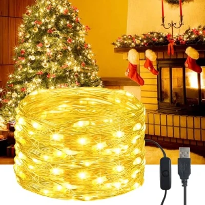 Immagine di YIFMOO Catena di luci a LED USB, 5 m, 50 LED, impermeabile, con interruttore, micro filo rame, per esterni e interni, fai da te, Natale, stanza, feste, matrimoni, bianco caldo