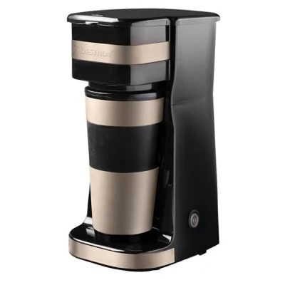 Immagine di Bestron caffettiera con tazza isolata, da campeggio per caffè macinato filtro, piccola 2 tazze grandi, 750 watt, acciaio inox, colore: beige chiaro/satinato