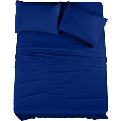 Immagine di Utopia Bedding Set lenzuola per letto matrimoniale misura queen, 4 pezzi, microfibra spazzolata, resistente al restringimento e allo scolorimento, facile da pulire (matrimoniale blu