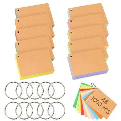 Immagine di Votoko 1000 Pezzi Flashcard A8, 7.4x5.1cm 10 Colori Carte Indice Schede Record, Cartoncino a Righe Indice, con Anelli e Cartoline in Carta kraft, per Scuola Ufficio Casa Studio Appunti