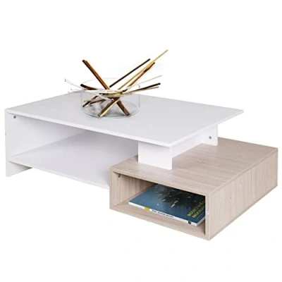 Immagine di BAKAJI Tavolino Divano Tavolo Caffè da Salotto Rettangolare Design Moderno in Legno MDF con 4 Ripiani Inferiori Dimensione 106.5 x 60 34.5 cm Arredamento casa (Bianco e Quercia)