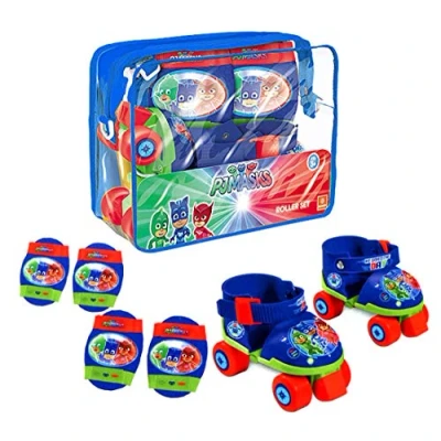 Immagine di Mondo Toys Pattini a rotelle Regolabili PJ Masks per Bambini Taglia dal 22 al 29 Set Completo di Borsa Trasparente, gomitiere e Ginocchiere, 18475
