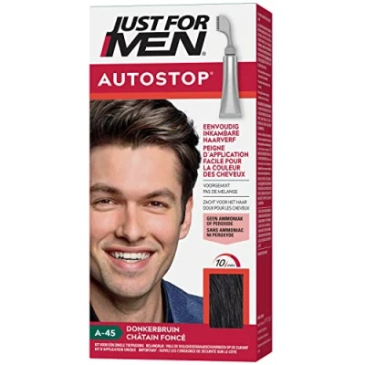 Immagine di Just For Men Autostop Tintura per Capelli Acconciabile Sopracciglia e Barba, Elimina Grigio, Easy Comb In, Marrone Scuro A 45