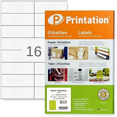 Immagine di Printation Etichette 105 x 37 mm 1600 autoadesive bianche stampabili 100 fogli DIN A4 da 2 8 / 16 per foglio 3484 4462 4620
