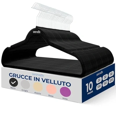 Immagine di SereneLife Set di 10 grucce in velluto, antiscivolo, resistenti, con gancio girevole a 360, finitura liscia velluto per proteggere il tessuto, leggere, design ultra sottile cappotti e altri