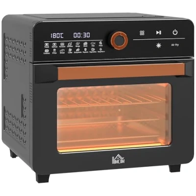 Immagine di HOMCOM Mini forno a convezione 20L 3 in 1 con griglia, teglia e vassoio per le briciole, friggitrice ad aria calda 40 C 220 cestello frittura, timer, luce interna, 1400W,