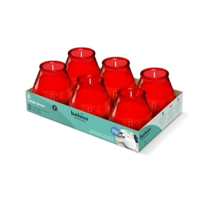 Immagine di Bolsius Candele per Esterni 6 Pezzi In Vetro Rosso Durata di Combustione 70 Ore Senza Olio Palma Pulita Stoppino Cotone Non Profumate
