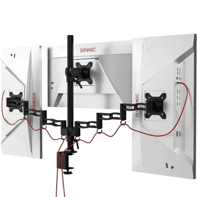 Immagine di Duronic DM353 Braccio per 3 monitor computer Supporto triplo schermo PC articolato desktop VESA 75 100 Altezza regolabile Rotativo inclinabile Girevole Compatibilità universale