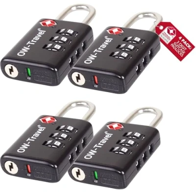 Immagine di OW Travel lucchetto combinazione Aprire Alert Indicatore TSA per Valigie e Bagagli. con armadietto, palestra. Serratura a Nero 4 pezzi