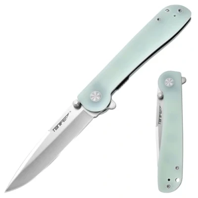 Immagine di TONIFE Guiding Star Coltello Pieghevole con Clip da Tasca, Antiscivolo EDC una sola Mano, Lama 8Cr14MoV e Manico in G10 per Campeggio All&#039;aperto (Ciano Trasparente + Satinato)