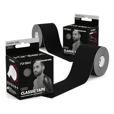 Immagine di Kintex Nastro Kinesiologico Classico 5cm x 5m Delicato sulla Pelle, Impermeabile e Traspirante Tape Elastico Professionale per Sport Fisioterapia 2 Rotoli (Nero)