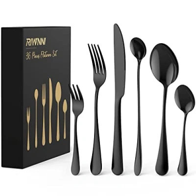 Immagine di RIWNNI Set Posate 6 Persone,36 Pezzi in Acciaio Inox 18/8 da Tavola Includi Forchetta, Cucchiaio, Coltello, Forchetta per Insalata, Cucchiaio Tè e Dessert Nero