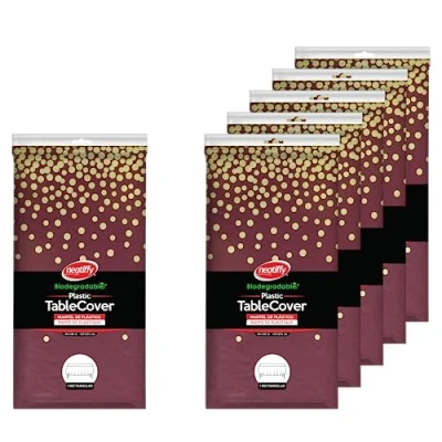 Immagine di Neatiffy Tovaglia rettangolare in plastica, 137 x 274 cm, per picnic, campeggio, feste di compleanno, banchetti, usa e getta, riutilizzabili, colore: bordeaux con pois dorati