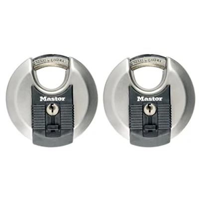 Immagine di MASTER LOCK Lucchetto a disco resistente [chiave] [acciaio inossidabile] [esterno] [confezione da 2] M40EURT — Ideale per unità di stoccaggio, capannoni, garage, rimorchi e altro ancora