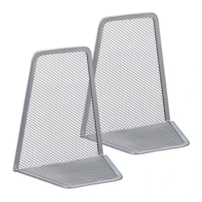 Immagine di Relaxdays Set da 2 Fermalibri per Mensole, Supporti Libri, Reggilibri a Rete in Acciaio, HLP 14,5x12,5x9 cm, Argentati