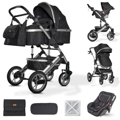Immagine di Bronea Passeggino 3 in 1 &#039;Exquise&#039; Set completo COMPRESO di seggiolino auto e materassino Vari colori Pieghevole con borsa fasciatoio, parapioggia, zanzariera, Colore:grigio/argento
