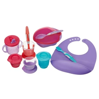 Immagine di Vital Baby Nourish Start Weaning Kit and Feeding Set Spoons, Pots, Bowl, Cup &amp; Bib Bright Colours Durable Materials BPA, Phthalate Latex Free Essential Led 10pcs