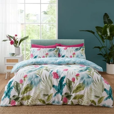 Immagine di Catherine Lansfield Aruba Set copripiumino matrimoniale reversibile con federe, motivo floreale tropicale, colore: verde