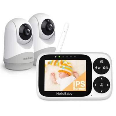 Immagine di HelloBaby Baby Monitor Video e Audio telecamera bambini con monitor, Schermo IPS da 3,2&quot;, Senza WiFi, Visione Notturna, Pan Tilt Zoom, Allarme Ninna Nanna Portata di 1000 Piedi, 2 Fotocamera Inclusa