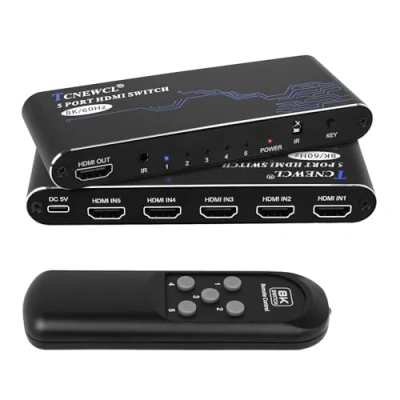 Immagine di TCNEWCL 8K 60Hz/4K 120Hz Switch HDMI 5 In 1 Out, 5x1 2.1 con Telecomando, Supporto 3D HDP 10 HDCP 2.3 48Gbps, Video Commutatore per PS5 PS4 Xbox Blu Ray Player HDTV DVD