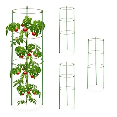 Immagine di Relaxdays Set da 4 Sostegni Circolari per Pomodori, Piante Rampicanti, Rose, a 3 Gambe, in Metallo, HxD: 60x20 cm, Verde, 80% Ferro 10% plastica