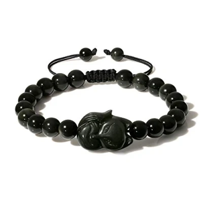 Immagine di COAI Bracciale Unisex in Ossidiana Nera con Amuleto Volpe, Regolabile Pietre Naturali Taglia M