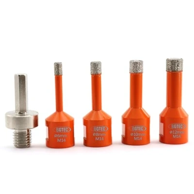 Immagine di BGTEC Set di 5 punte diamantate a secco, per piastrelle in porcellana, ceramica, marmo, mattoni, filettatura M14, diametro misto 6/8/10/12 mm, con 1 supporto esagonale M14