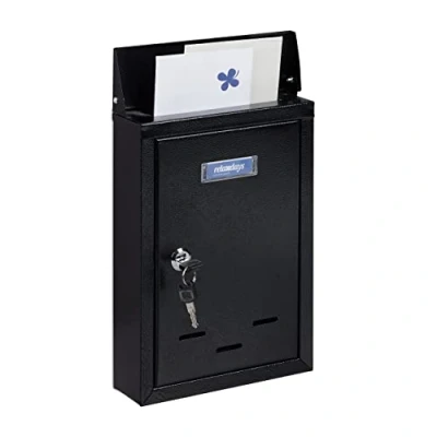 Immagine di Relaxdays Box with Name Plate Cassetta della Posta con Targhetta, Metallo, 2 Chiavi, Casella Postale, Buca Lettere 30,5x21x7 cm, Nero, 90% Ferro 10% plastica