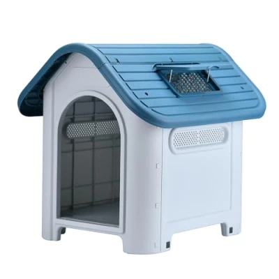 Immagine di Lanco Cuccia per Cani di Piccola Taglia con Tettuccio Apribile Regolabile. Uso interno ed esterno prese d&#039;aria. Materiale resistente. 75x59x66cm. Blu e Bianco.