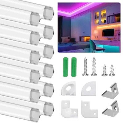 Immagine di 12 pezzi di Profilo in Alluminio da 1m a Forma V Modello, per Strisce LED Compatto Facile tagliare con Cover e Tappi Chiusura laterali, Accessori Completi Montaggio, Montaggio Universale