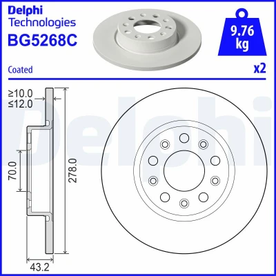 Immagine di DELPHI Disco freno JEEP: Compass 278mm 12mm 5 pieno rivestito BG5268C Dischi freno, dei freni