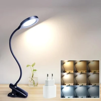 Immagine di Akynite 8W Lampada da Letto con Pinza, USB Ricaricabile, 1050LM, 3 Colore e Intensità, Flessibile Scrivania Touch &amp; Dimmerabile, Lettura Letto, Luce Lavoro, Nera
