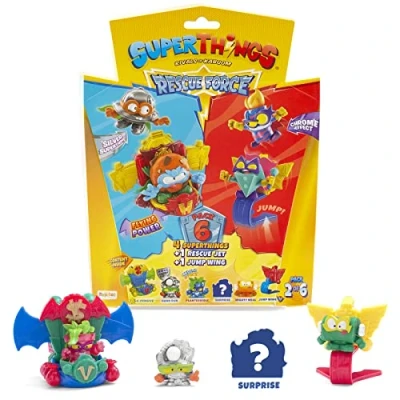 Immagine di Rivals of Kaboom 8431618019597 Superthings Serie Rescue Force, questo pacchetto include 4 personaggi da collezione (1 capitano argento a sorpresa e un SuperThing con effetto cromato) + 1 Jet