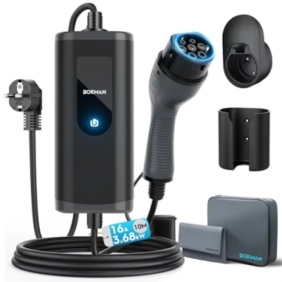 Immagine di bokman Caricabatteria da auto elettrico tipo 2 EV portatile caricatore 16 A 3,68 kW 10 metri, compatibile con PHEV
