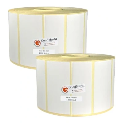 Immagine di GoodMarkt etichette termiche dirette autoadesive 60x30 mm 2 rotolo, bianco, 2000 Compatibile con Brother, Zebra, Phomemo domestiche, codici a barre