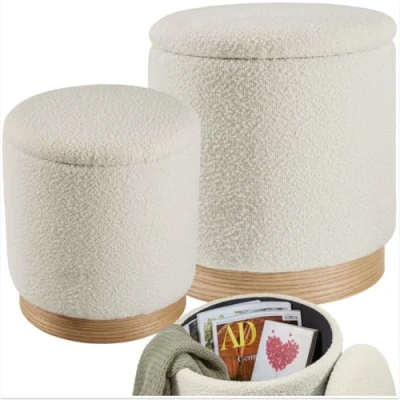 Immagine di TecTake® Set di 2 Pouf Contenitore, Sgabelli Imbottiti Rivestimento Bouclé, Letto Stile Scandinavo, Camera da Salotto Crema