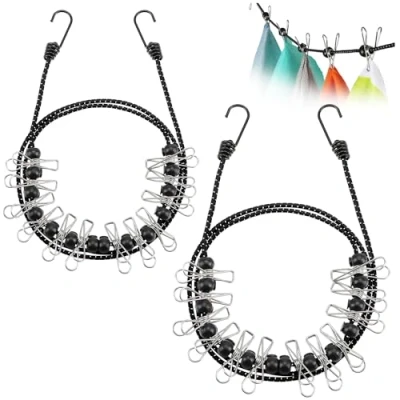 Immagine di com four® stendibiancheria da Viaggio 2X 180 350 cm per Filo Campeggio con Elastico Riflettente 12 Clip Metalliche ciascuno (Acciaio Inossidabile/Nero)