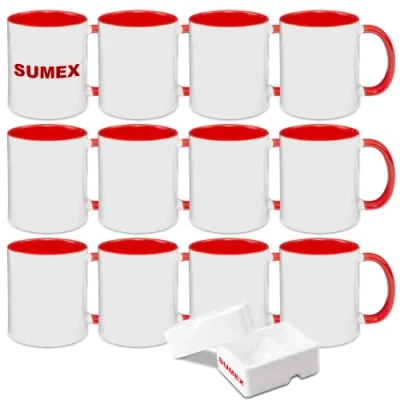 Immagine di Sumex 11 once Set di 12 tazze da caffè in ceramica per sublimazione tè, latte, cacao caldo, interno rosso e manico